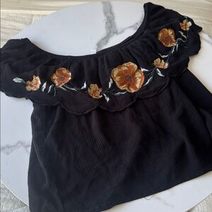 Black Top with Floral Embroidery